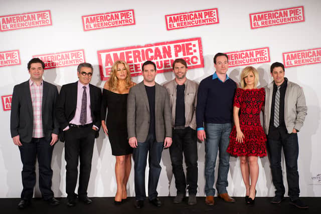 Director Jon Hurwitz, Eugene Levy, Jennifer Coolidge, director Hayden Schlossberg, Seann William Scott, Chris Klein, Mena Suvari and Jason Biggs attend “American Pie: Reunion”.