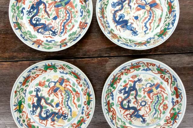 This set of four 16th century Chinese Ming Dynasty wucai porcelain dragon and phoenix dishes sold for £63,000.  
