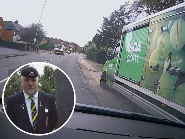 The Asda van after the collision and inset, Erich Modrowics of Hinkley, Leicestershire