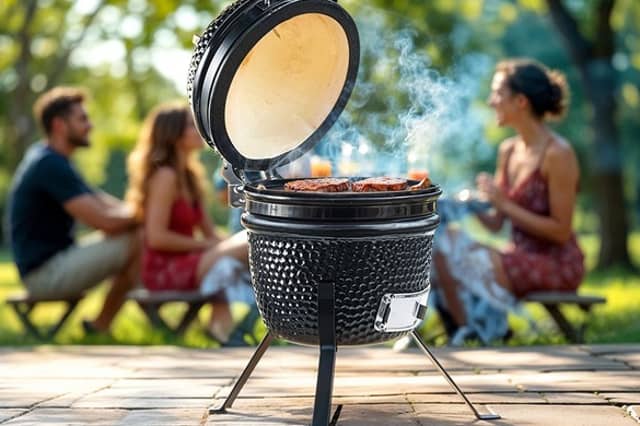 The Kamado-style ceramic BBQ in action – perfect for slow-smoked feasts and summer gatherings.