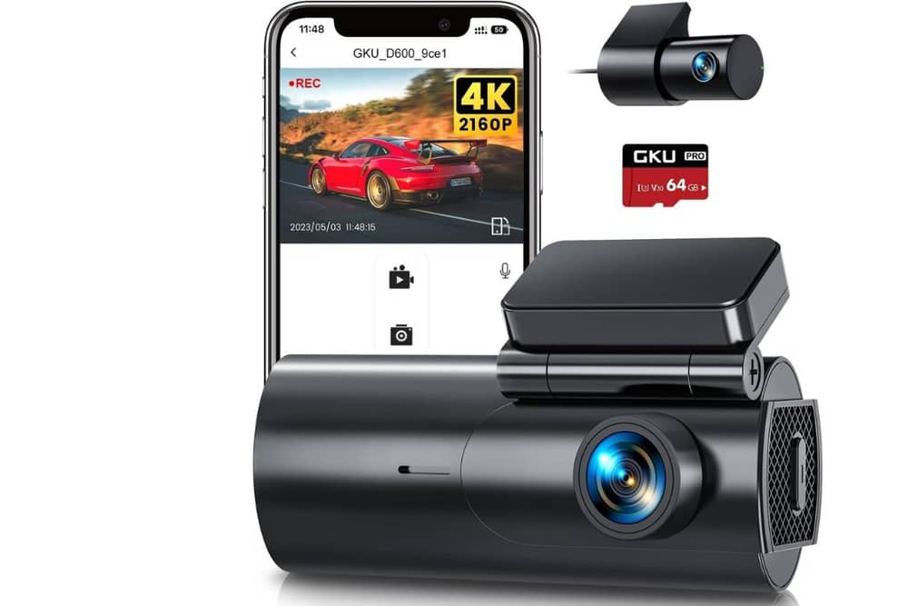 The GKU D600 has front and rear cameras, night vision, voice control, and includes a 64GB SD card