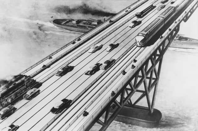 An artist's impression of a bridge across the English Channel between England and France, dated April 5, 1960. The proposed bridge, a joint British, French and American enterprise, would have been 21 miles long, 110 feet high, and would have had railway tracks, motor lanes and a cycle path. There would be no fewer than 142 piers.