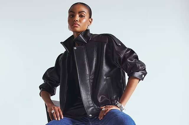 The River Island faux leather funnel neck biker jacket is the must-have jacket for transitional season style