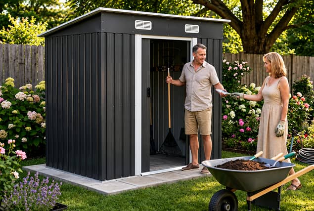 The charcoal black metal shed is designed to bring practical storage and a more modern look to outdoor spaces