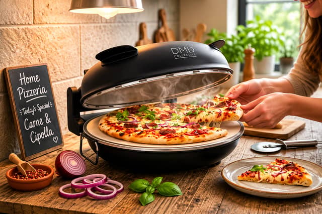 The DMD Collective electric pizza oven is designed to create crisp stone-baked pizzas from a kitchen worktop