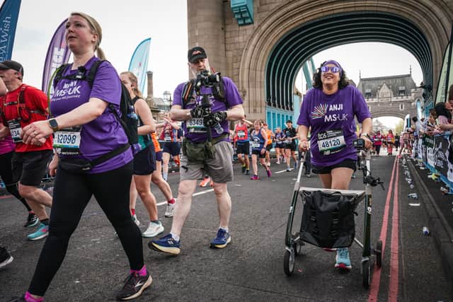 Nicky, Darren and Anjali crossing over Tower Bridge during the TCS London Marathon 2025