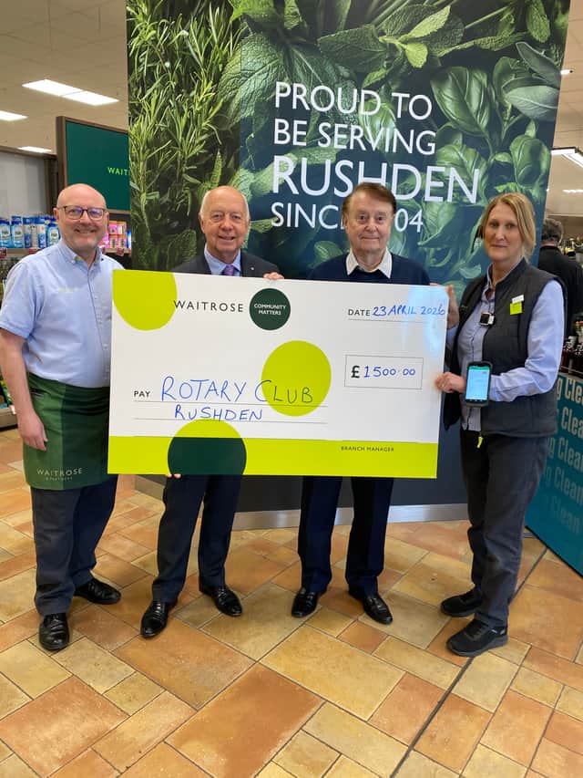 Cheque Presentation to President Anton Rudgalvis and Rotarian John Garley from Store Manager and Community Service Manager of Waitrose Rushden