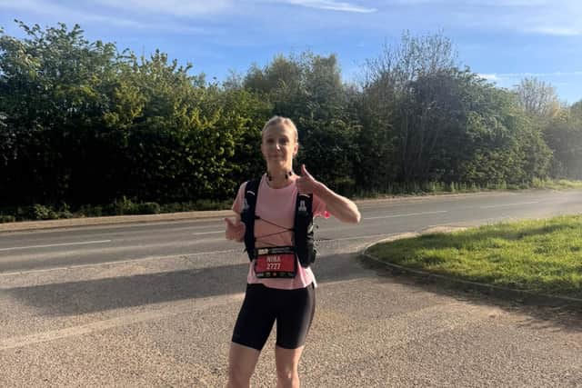 Nina setting off on a solo marathon along the Brampton Valley Way as part of her training 