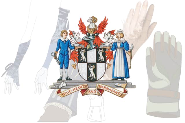 Worshipful Company of Glovers in London crest and UON student glove design sketches.