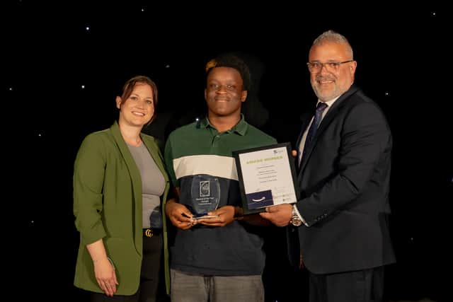 Left to right: Kathryn Brindley-Edwards, Principal of The Corby Sixth Form and The Bedford Sixth Form -  Samuel Folarin-Coker, student at The Corby Sixth Form and winner of The Bedford College Group Student of the Year Award – Yiannis Koursis, CEO of The Bedford College Group.

Photo credit: Michael Thorn Photography
