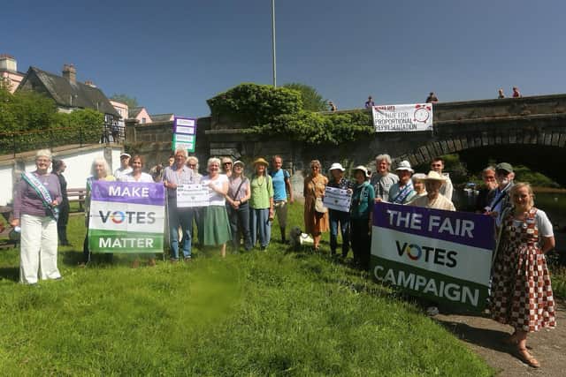 Caroline Voaden MP at MVM banner drop in Totnes