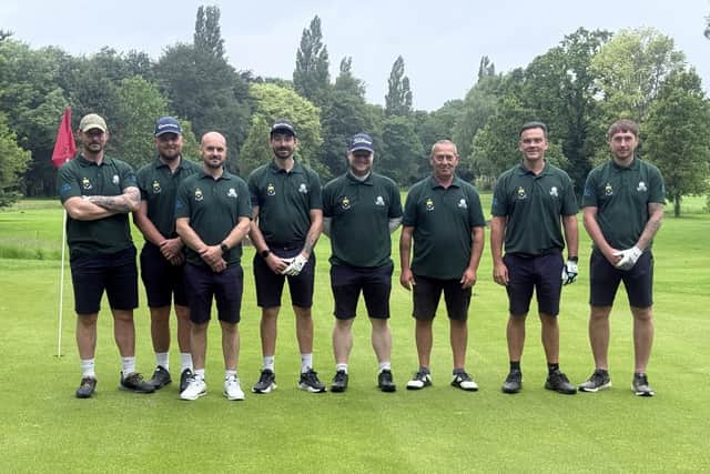 Pictured at the start of their epic golf challenge are the eight golfers from VMS Ltd