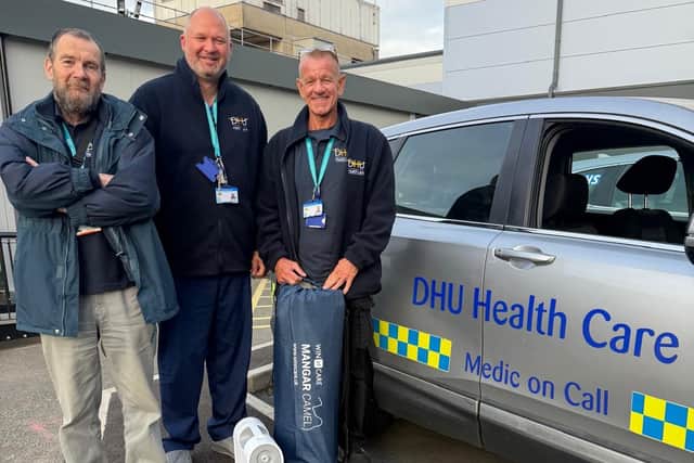 Pictured, left to right. Tony Jeans (Driver/HCA), Dan Glass (Paramedic) and Neil Poulson (Driver/HCA)