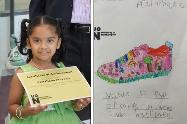 Young designer alongside her winning shoe design.