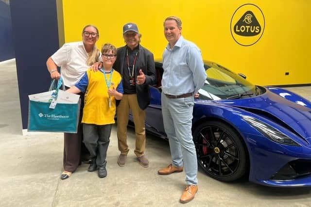 Sarah-Lou, with her son, Emerson, Emerson Fittipaldi and Matthew Haskins, Director of Woodcote and Copse.