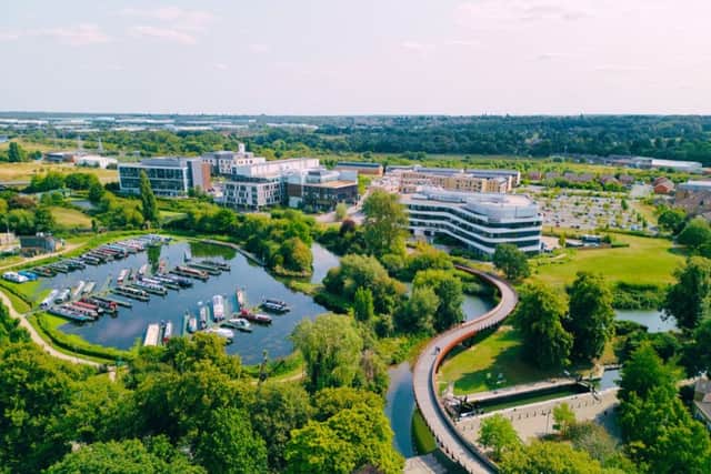 Aerial image of University of Northampton's Waterside Campus.