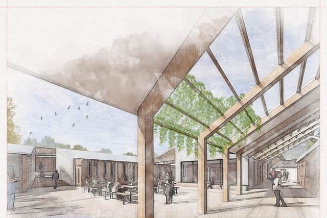 An artist's rendition of the finished restoration of the 19th-century Stables.