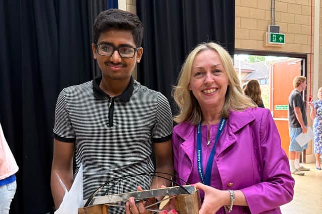 Akshit Goel and Clare Haworth at Brooke Weston Academy GCSE Results day