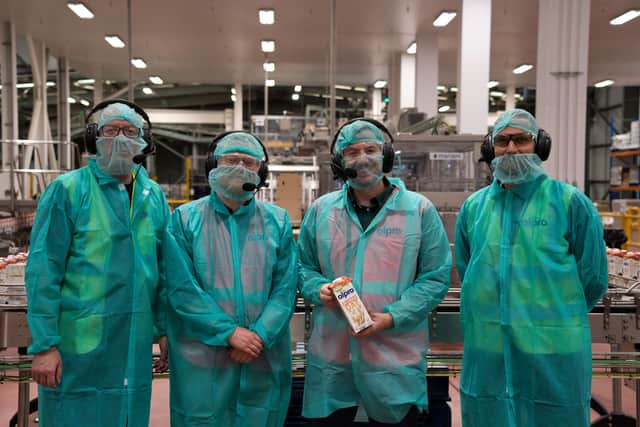 Mike Reader MP and Josh Newbury MP at the Alpro Factory ( Left to Right: Marc Duncan, Change and Activities Manager at the Alpro Factory, Josh Newbury MP, Mike Reader MP, Aimeric Mathey, Plant Director at the Alpro Factory)