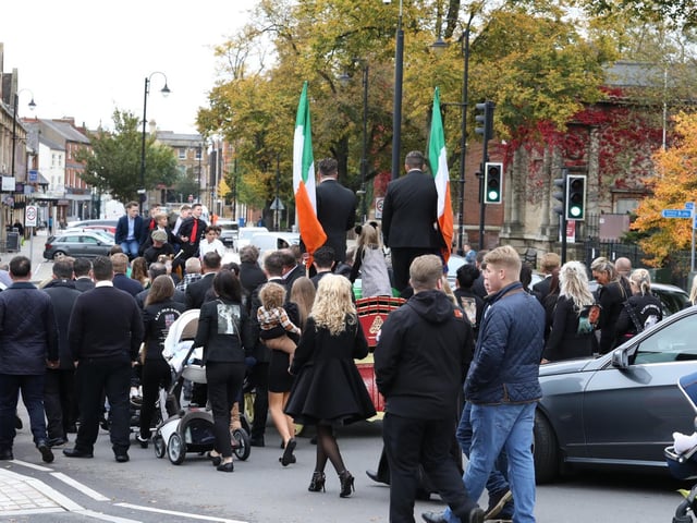 The funeral directors were A. Wass Funeral Directors from Sutton-in-Ashfield, Nottinghamshire. They said they do a lot of traveller funerals and had provided the two big shire horses.