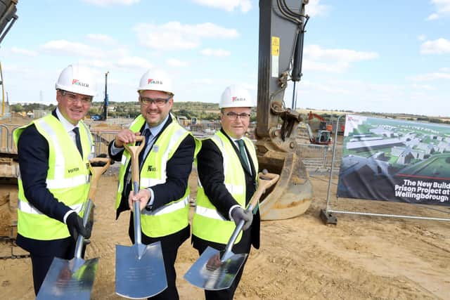 Wellingborough Prison ground breaking ceremony
l-r Kier MD James Hindes, Northamptonshire County councillor Jason Smithers and Justice secretary Robert Buckland QC