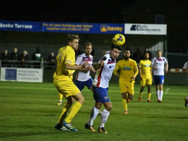 Jordan Macleod in action during his debut for AFC Rushden & Diamonds as he scored the opening goal in their 2-1 win over Banbury United. The two teams meet again in the FA Trophy at Hayden Road this weekend. Picture courtesy of HawkinsImages