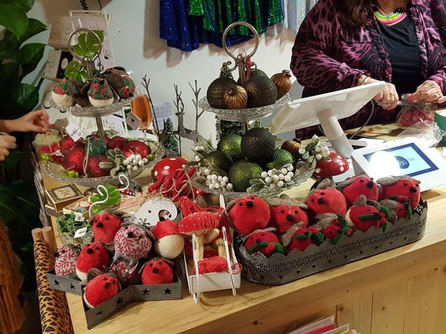There are lots of different decorations for sale, including traditional fare like this to the more unusual sweary baubles