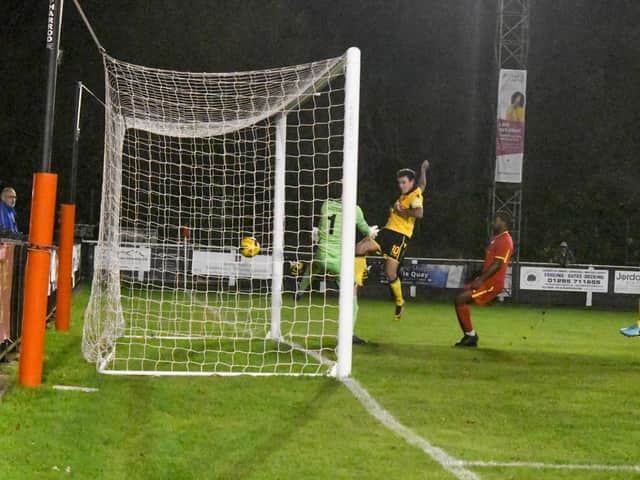 Jordan Macleod scores AFC Rushden & Diamonds' winner as they sealed a 2-1 success at Banbury United in their FA Trophy replay. Picture courtesy of HawkinsImages