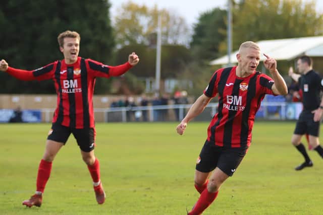 Lindon Meikle celebrates after he opened the scoring at Latimer Park