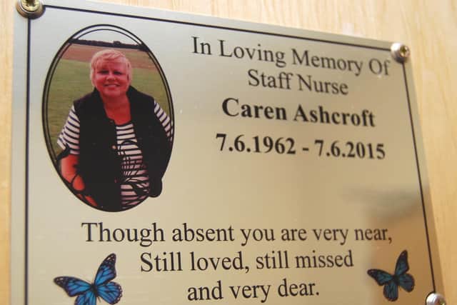A plaque in Caren's memory.