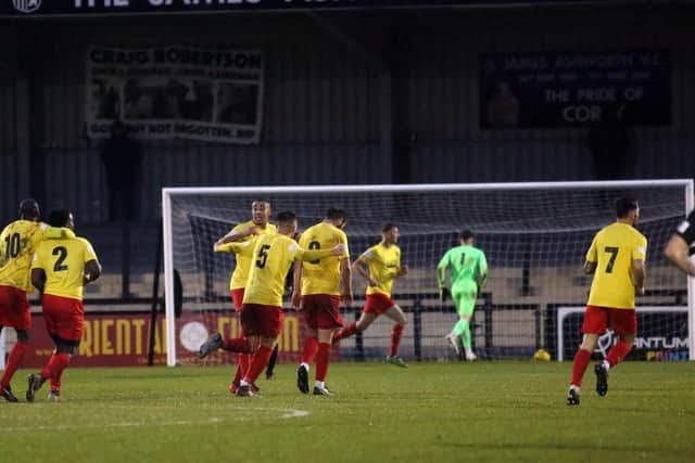 Kempston celebrate after Jake Newman put them 2-0 up at Steel Park