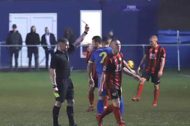 Marcus Kelly was sent-off for a second bookable offence in the second half