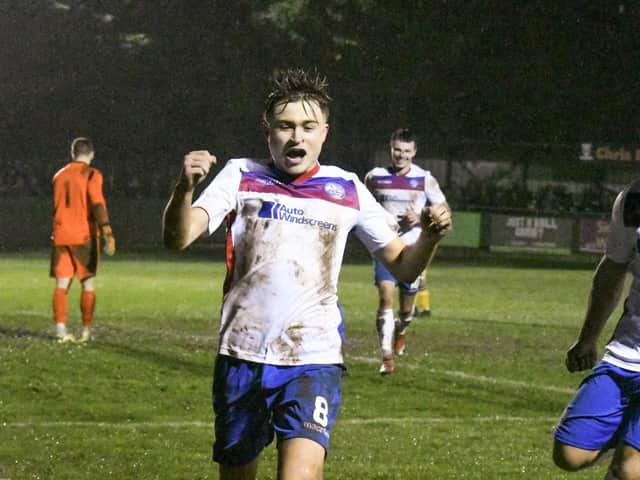Matthew Slinn celebrates after he scored AFC Rushden & Diamonds' third goal in their 3-0 victory over Lowestoft Town at Hayden Road. Picture courtesy of HawkinsImages