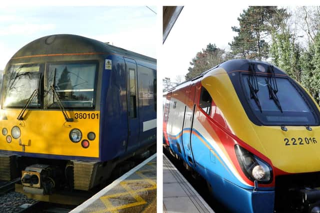 These class 360 Desiro trains (left) from Greater Anglia will replace the Meridians (right) that were brought on to the line by former owner Stagecoach, which was then branded as East Midlands Trains.
