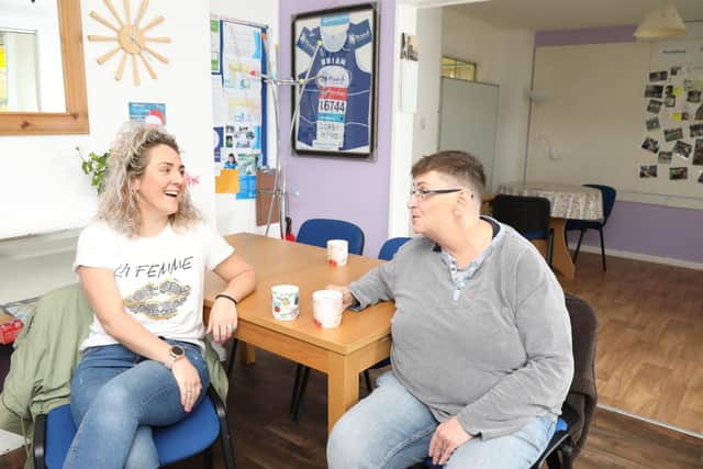 Morgan Hay and Kate enjoy a cup of coffee