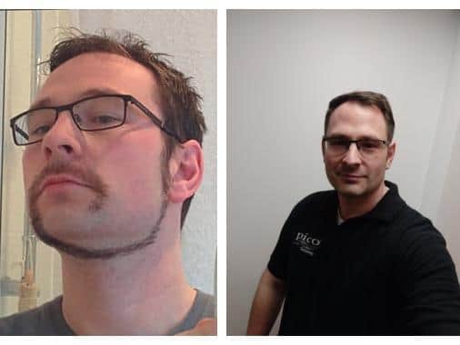 Mike's monkey tail hair facial hair and his clean-shaven look
