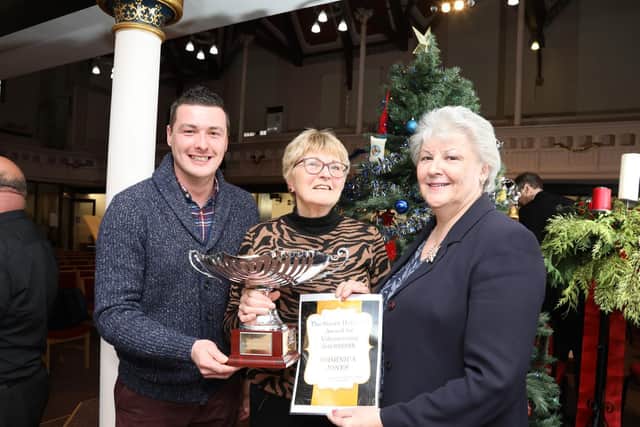 l-r Simon Peacock (Susan Hollowell's grandson), winner Dominica Jones, Sarah Peacock (Susan Hollowell's daughter)