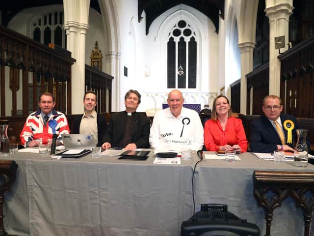 The panel at Kettering hustings tonight. From left to right, Philip Hollobone (Cons), Jamie Wildman (Green), Rev David Walsh (chair), Jim Hakewill (Ind), Clare Pavitt (Lab), Chris Nelson (Lib Dem)