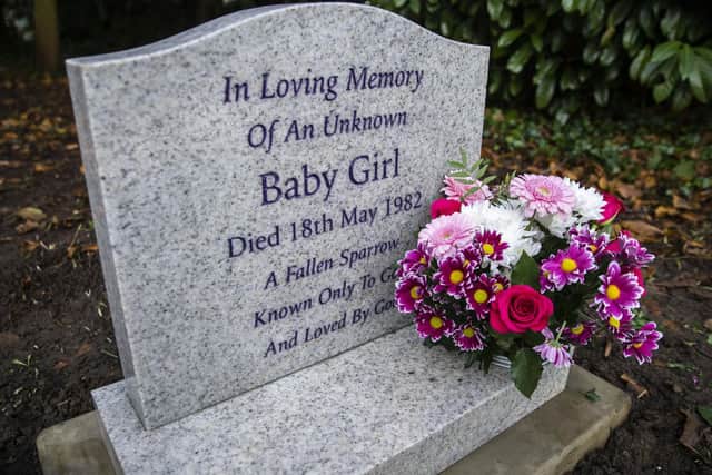 The new headstone reads 'In loving memory of an unknown baby girl. Died 18th May 1982. A fallen sparrow, known only to God and loved by God'