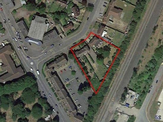 The site - with numbers 2-12 Stephenson Way outlined in red. The former Odeon cinema is at the top left of the picutre.