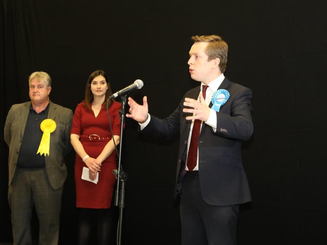 Conservative Tom Pursglove gives a speech after the declaration