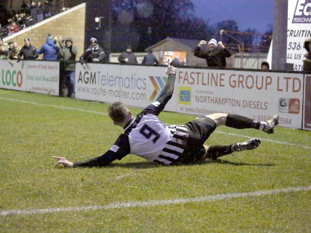 Elliot Sandy celebrates after scoring the only goal of the game in Corby Town's 1-0 victory over Welwyn Garden City at Steel Park. Pictures by Alison Bagley