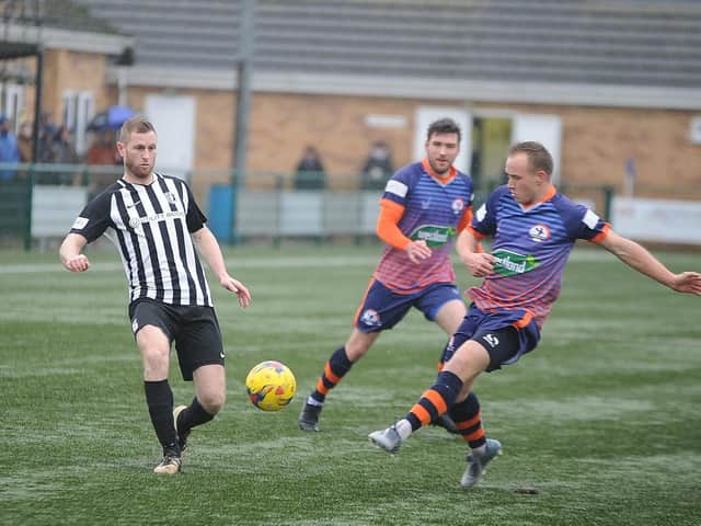 Joint-manager Gary Mulligan in action during Corby Town's 3-0 win at Yaxley on Boxing Day. Picture by David Lowndes