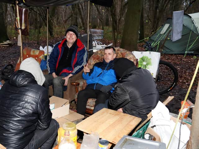 Seven men living in the woods are now in warm rooms and a fundraiser saw the pounds flooding in.
