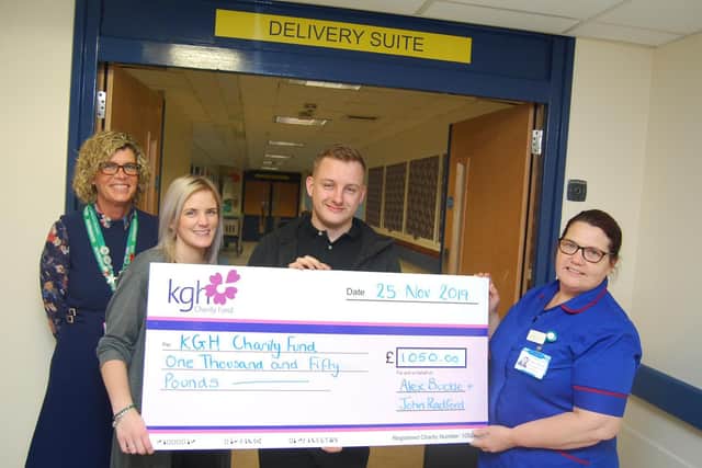 Alex Buckle and his sister Chloe Turner present a cheque to the appeal for 1,050 raised through a sky dive which Alex and his work colleague, John Radford, did in May. They are pictured with Appeal Fundraiser, Jayne Chambers, and Bereavement Midwife, Stephanie Fretter