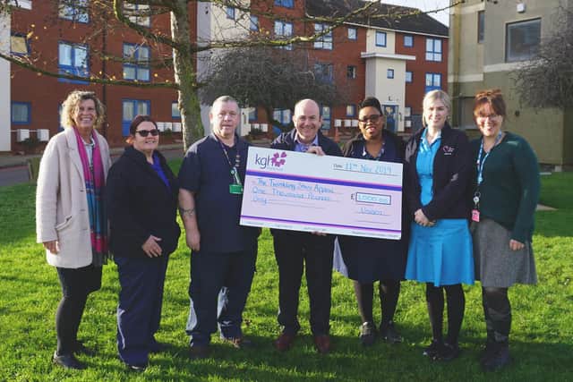 Representatives from the KGH Unison branch have donated 1,000 to the appeal they are pictured with KGH Chief Executive Simon Weldon, Bereavement Midwife Stephanie Fretter, Bereavement Assistant Practitioner, Chloe Tracey, and KGH Fundraisers Jayne Chambers and Maxine Andrews