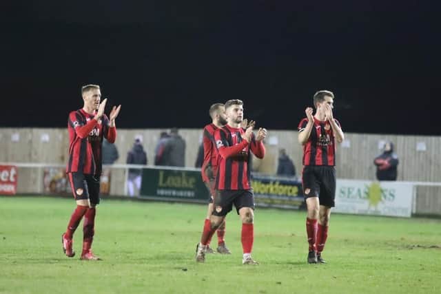 The Kettering Town players applaud the fans following their 1-0 victory over Farsley Celtic. Pictures by Alison Bagley