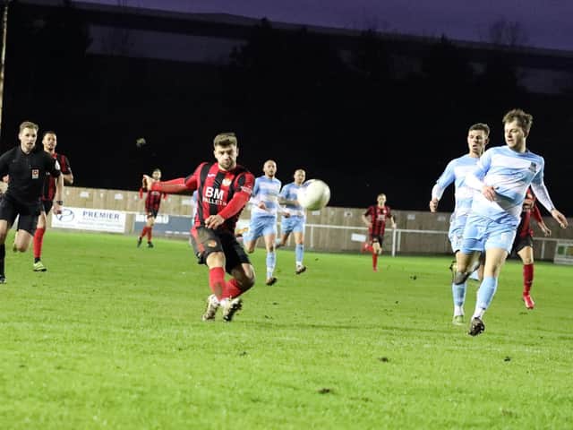 Michael Richens, pictured during the 1-0 win over Farsley Celtic last weekend, will miss Kettering Town' next two matches due to suspension. Picture by Alison Bagley