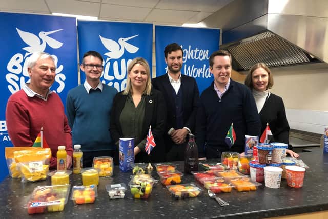 Blue Skies owner Anthony Pile, comms manager Simon Derrick, Baroness Sugg, sales and marketing officer Hugh Pile, Corby MP Tom Pursglove and general manager Sabine Hill sampling some of the 220 products on offer.
