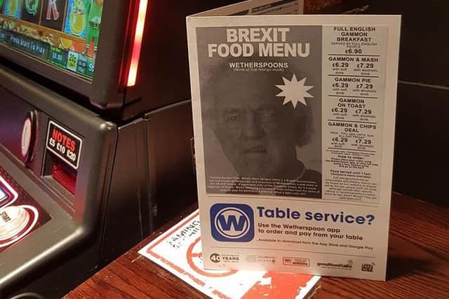 Fake menus by Bod mocking Brexit have appeared in Wetherspoons pubs across the country.